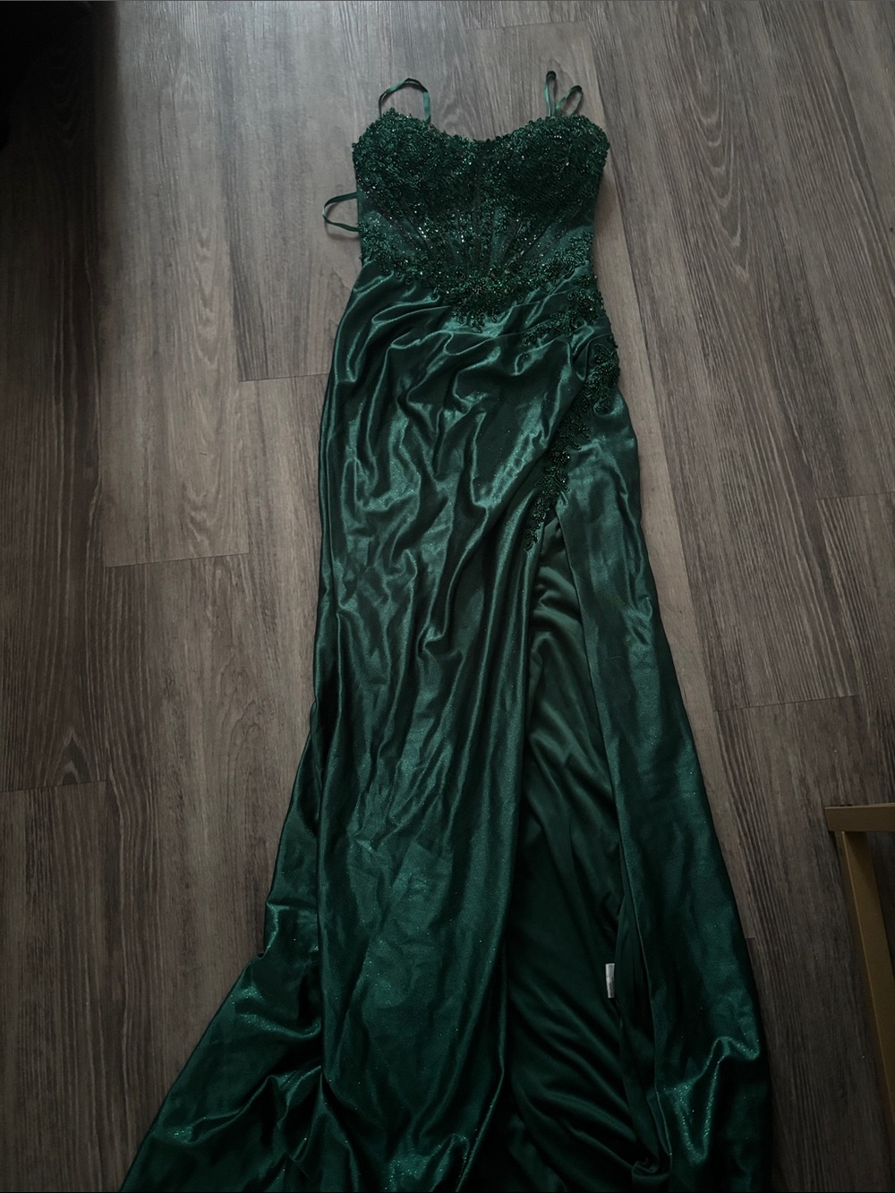 Emerald Beaded Satin Prom Dress with Spaghetti Straps